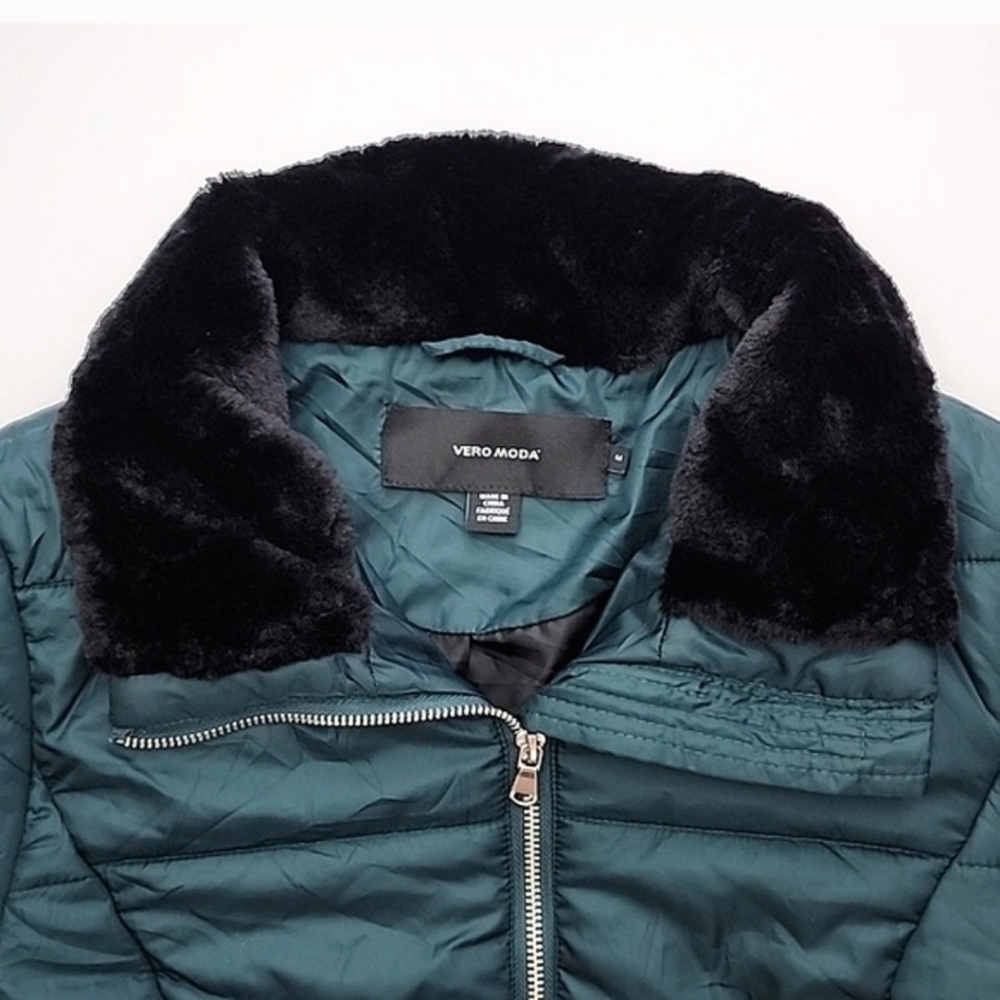 Vero Moda Women's Quilted Winter Emerald Green Jacket Black Faux Fur Collar M - Picture 5 of 14